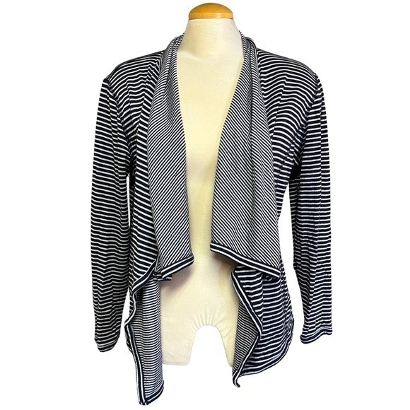 Lis Claiborne Sweaters - Womens Navy Blue and White Striped Slouchy Cardigan  Size Large